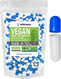 XPRS Nutra Μέγεθος 0 Κενές κάψουλες - 500 Count Empty Vegan Κάψουλες - Χορτοφαγικά Χάπια - DIY Καψάκιο Γέμισμα - Veggie χάπια για το Do-It-Yourself συμπληρώματα (Blue/White)
