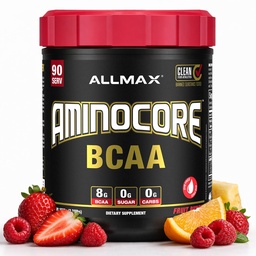 ALLMAX Διατροφή AMINOCORE BCAA, Φρούτα Punch - 945 g Κόνις - 8,18 γραμμάρια Διαχωρισμένης Αλυσίδας Αμίν Οξέα ανά σερβίρισμα - με Βιταμίνες Β - Χωρίς πληρωτικά ή μη BCAA Aminos - Χωρίς ζάχαρη - 90 Σερβιέτες