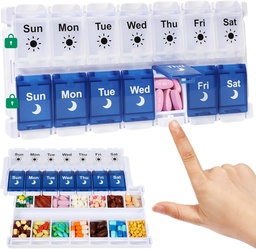 Shintop Weekly Pill Organizer 2 φορές την ημέρα, Easy Fill Am Pm Pill Box 7 Day Push Button Medicine Holder Καθημερινά για τα συμπληρώματα βιταμινών (μπλε & λευκό)