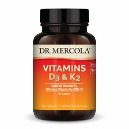 Dr. Mercola Vitamins D3 & K2 - Υποστηρίζει ανοσοποιητικό, εγκέφαλο, καρδιοαγγειακή, αναπνευστική & οστική υγεία - GMO-free, Gluten-free & Soy-free - 30 κάψουλες (30 σερβιρίσματα)