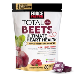FORCE FACTOR Total Beets Ultimate Heart Health Chews for Blood Pressure Support, with Beetroot Powder, CoQ10, B Vitamins & Grapeseed Extract for Blood Flow & Energy, Ρόδι Berry, 60 Μαλακά μάσημα