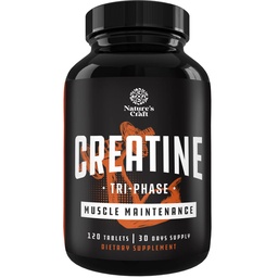Natures Craft High Strength Tri Phase Creatine Tablets for Women & Men - Formula Blend of Creatine Monohydrate, 300mg HCL & Pyruvate Supplement - Mus Mass Gain & Recovery Supplement - 120 Tablets