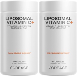 Codeage Liposomal Vitamin C 1500mg με ψευδάργυρο, Elderberry, Citrus Bioflavonoids Grapefruit, Lemon, Orange Powder, Quercetin & Rose HIPS Fruit – Vegan Supplement - Μη ΓΤΟ, Vegan Pills - 2 Pack