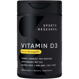 Sports Research® Vitamin D3 w/Coconut MCT Oil - Υψηλή ισχύς Βιταμίνη D3 5000iu (125mcg) Συμπλήρωμα για την υποστήριξη του ανοσοποιητικού και των οστών - Χωρίς σπορέλαιο - Μη ΓΤΟ - Χωρίς γλουτένη (360 Liquid Softgels)