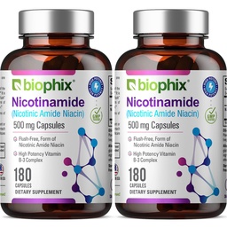 biophix B-3 Nicotinamide 500 mg 180 Caps 2 Pack - Νικοτινικό αμίδιο Νιασίνη Φυσικό Flush-Free Vitamin Formula - Υποστηρίζει την υγεία των κυττάρων του δέρματος