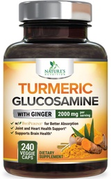 Turmeric Curcumin Supplement 2000mg - 95% Κουρκουμινοειδή με Γλυκοζαμίνη, Ginger & MSM, BioPerine Μαύρο Πιπέρι για Καλύτερη Απορρόφηση, Vegan Κοινή Υποστήριξη, Μη-ΓΤΟ, Εμφιαλωμένο στις ΗΠΑ - 240 Κάψουλες