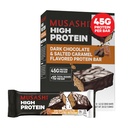 MUSASHI High Protein Bar, 45g Protein, <1g Total Sugars, Dark Chocolate & Alted Caramel, Post Workout and Protein Snack On The Go, 12 Pack of 3.2oz (90g) Bars