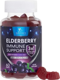Gummies Elderberry με βιταμίνη C, D3 και ψευδάργυρο - ανοσοποιητική υποστήριξη Gummy για τα παιδιά και τους ενήλικες, Black Elderberry Extract Gummy Immune Health Supplement, Black Elder Berry Vitamin - 60 Gummies