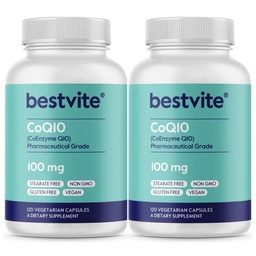 BESTVITE Coenzyme CoQ10 100mg (240 κάψουλες χορτοφάγων) (2-πακέτο) Φυσικά ζυμωμένο - Δεν Stearates - Χωρίς πληρωτικά - Vegan - Μη ΓΤΟ - Χωρίς γλουτένη