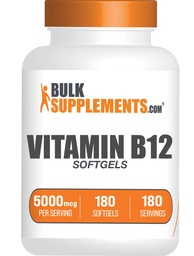BulkSupplements.com Βιταμίνη Β12 5000 mcg Softgels - Κυανοκοβαλαμίνη, συμπληρώματα βιταμίνης Β, χάπια Β12 Βιταμίνες - Χωρίς γλουτένη, 1 Βιταμίνη Β12 Softgel per Serving, 180-Day Supply, 180 Softgels