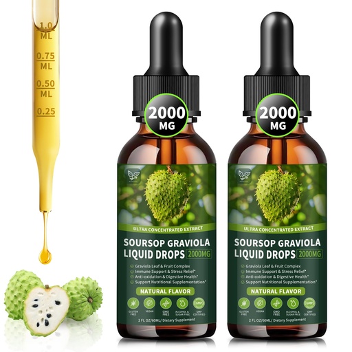 (2 Pack) Soursop Graviola Υγρές σταγόνες 2000mg, 98% Απορρόφηση για την υποστήριξη & αναγέννηση κυττάρων, ανοσοενισχυτικό, συκώτι, βοτανική καλοσύνη, bitters Soursop Liquid-sugar/Gluten Free, Φυσική Γεύση, 4 Fl Oz