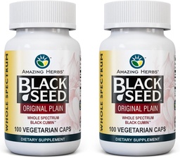 Amazing Herbs Whole Spectrum Black Seed Original Plain, Vegetarian Capsules - Χωρίς γλουτένη, Μη ΓΤΟ, Ψυχρό Πατημένο Nigella Sativa Aids in Digestive Health - 100 Count, 475mg (2-Pack)