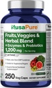 NusaPure Fruits and Veggies Συμπλήρωμα 1200 mg 250 Κάψουλες - 43 Φρούτα & Λαχανικά,11 Ένζυμα, Προβιοτικά (Vegan/Vegetarian, Μη ΓΤΟ)