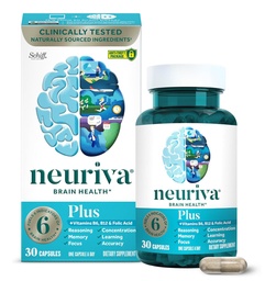 NEURIVA Plus Συμπλήρωμα εγκεφάλου για μνήμη, εστίαση & συγκέντρωση + Γνωστική λειτουργία με κλινικά ελεγχόμενη Nootropics Phosphatidylserine και νευροπαράγοντας, Βιταμίνες B6 & B12, 30 Κάψουλες κόμη