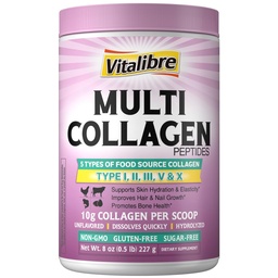 Multi Collagen Peptides Powder Type I II III V X, Hydrolyzed Collagen Protein for Women and Men, Skin, Hair, Nails, Unflaved, Non-GMO, Keto & GF, Zero Sugar, 22 Servings, 8oz