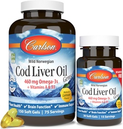 Carlson - Cod Liver Oil Gems, 460 mg Omega-3s + Βιταμίνες A & D3, Wild-Caught Norwegian Arctic Cod Liver Oil, Αειφόρα πηγάζει Nordic Fish Oil Caps, Lemon, 180 Softgels