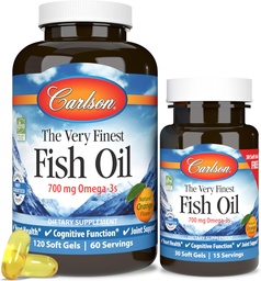 Carlson - The Very Finest Fish Oil, 700 mg Omega-3s, Norwegian Fish Oil Supplement, Wild Caught Omega-3 Fish Oil, Sustainablely Soured Fish Oil Caps, Omega-3 Supplement, Orange, 120+30 Softgels